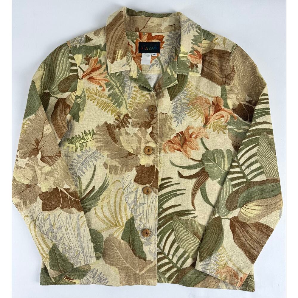 VTG 90s A la Carte Tropical Cotton Blazer Jacket M Earthy Boho Artsy Resort USA